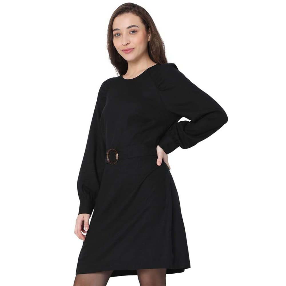 VERO MODA Solid Viscose Round Neck Womens Mini Dress (Black)