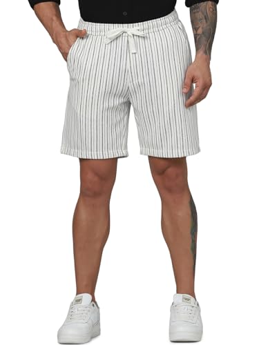 Celio Men Beige Striped Regular Fit Polyester Fashion Casual Shorts (Beige)