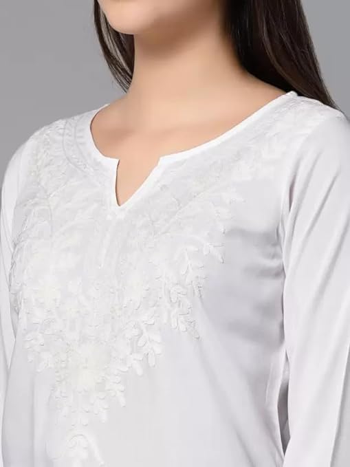 Cigain Hand Embroidered Summer Fashion Chikankari White Cotton Short Top Tunic Kurti for Women & Girl's