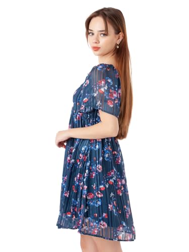 Zink London Women's Navy Blue Printed Flared Short Dress