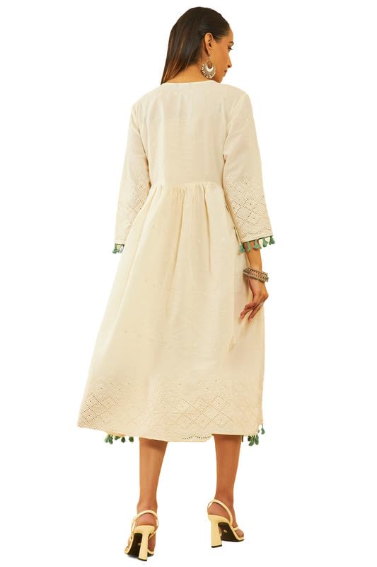 Soch Womens Off White Cotton Embroidered Dress with Faux Mirror