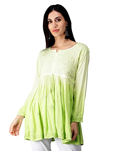 Seva Chikan Hand Embroidered Lucknowi Chikankari Lime Green Rayon Cotton Short A-line Top Tunic for Women (Lime Green)