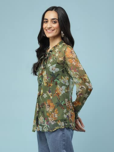 Aarke Ritu Kumar Green Floral Print Tie-Up Shirt with Camisole