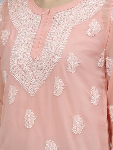 Seva Chikan Hand Embroidered Lucknowi Chikankari Peach Georgette Women's Short Top Tunic with Slip (Peach)