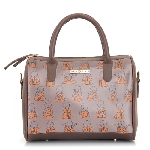 SACCI MUCCI Women's Handbag | Women's Tote Bag | Women's Top-Handle Bags | Women's Satchels | Women's Hobos & Shoulder Bags- Cute Monk Design Print (Brown)