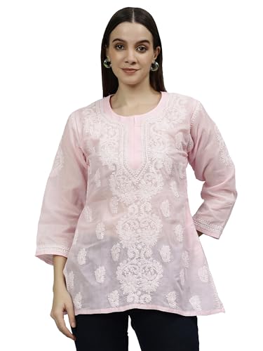 Seva Chikan Hand Embroidered Lucknowi Chikankari Pink Terivoil Cotton Women's Short Top Tunic (Pink)