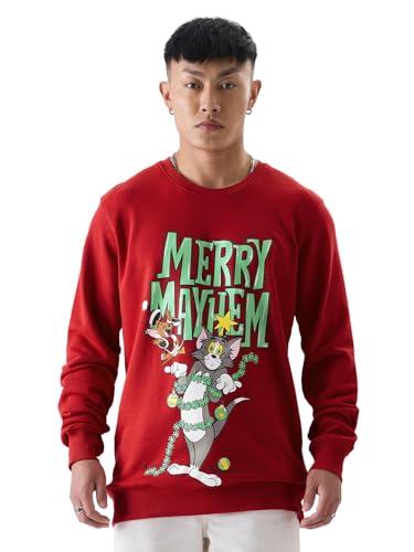 The Souled Store Official Tom & Jerry: Merry Mayhem Men and Boys Long Sleeve Crew Neck Red Graphic Printed Oversized Fit Sweatshirts Sweatshirts Hoodies Pullovers Crewneck Graphic Printed Casual
