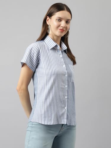 KERI PERRY Women's Blue Cotton Blend Stripe Straight Western Top | Winter Top | Western Top | Top for Women | Latest Women Top | Trendy Women Top