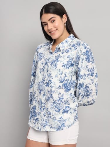 Ravaiyaa - Attitude is everything Shirt for Women, Printed Shirt, Relaxed Fit, Full Puff Sleeves 100% Cotton Spread Collar Neck Printed Shirt for Womens/Girls (White Blue Floral)