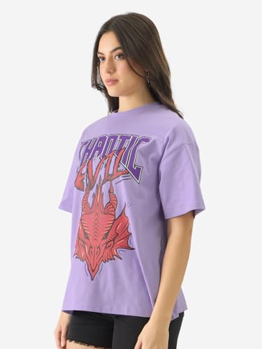 The Souled Store Official Dungeons and Dragons: Chaotic Evil Women and Girls Short Sleeve Round Neck Purple Graphic Printed Cotton Oversized