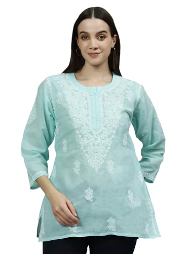 Seva Chikan Hand Embroidered Lucknowi Chikankari Sea Green Terivoil Cotton Women's Short Top Tunic (Sea Green)