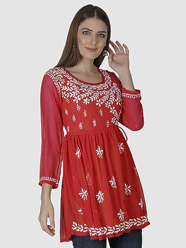 Seva Chikan Hand Embroidered Lucknowi Chikankari Red Georgette Women Short Top & Tunic with Inner Slip (Red)