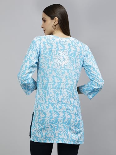 Seva Chikan Hand Embroidered Lucknowi Chikankari Blue Cotton Women's Printed Short Top Tunic (Blue)