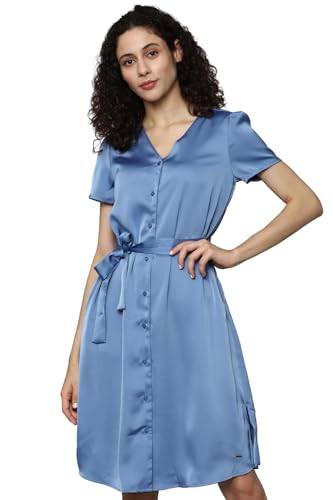 Allen Solly Women's Polyester Blend Classic High-Low Dress (Blue)