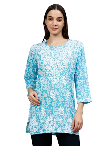 Seva Chikan Hand Embroidered Lucknowi Chikankari Blue Cotton Women's Printed Short Top Tunic (Blue)