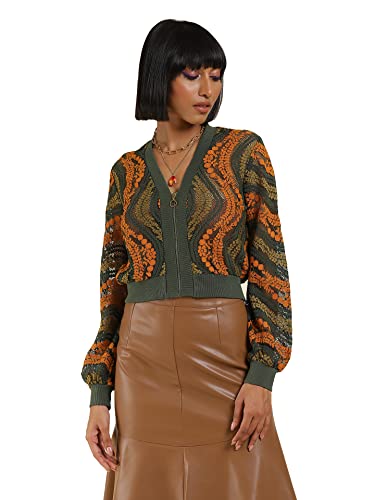 Label RITU KUMAR Women's Striped Regular Jacket JKTPCL01N29454895-GREEN-S