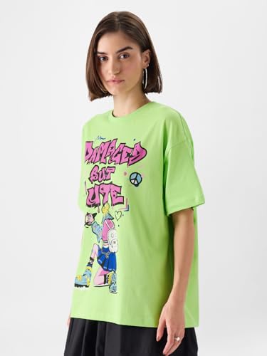 The Souled Store Damaged But Cute Women and Girls Oversize Fit Half Sleeves Graphic Printed Green Color T-Shirt