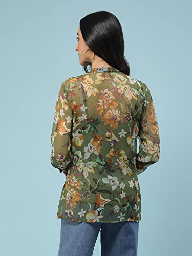 Aarke Ritu Kumar Green Floral Print Tie-Up Shirt with Camisole