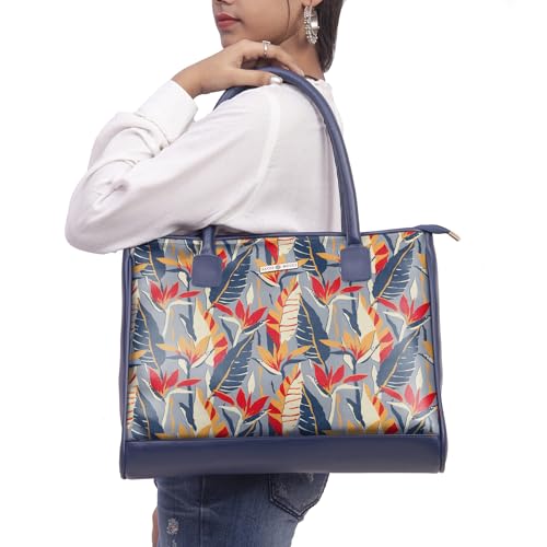 SACCI MUCCI Women's Tote Bag | Tote Bags For Women with Padded Laptop Compartment | Big Shoulder Bag for Office- Exotic Jungle (Navy Blue)