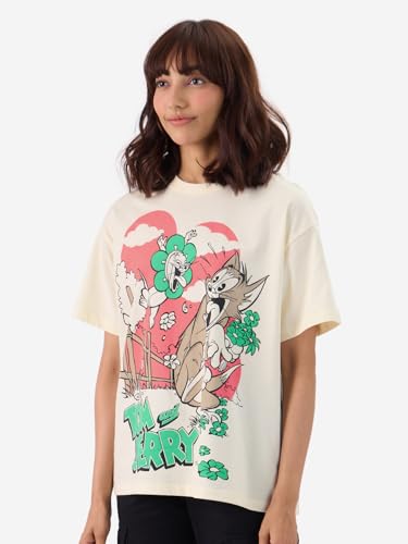 The Souled Store Official Tom and Jerry: Boom! Women and Girls Short Sleeve Round Neck Off-White Graphic Printed Cotton Oversized Fit T-Shirts Oversized T Shirts for Women T-Shirt Girls Cotton