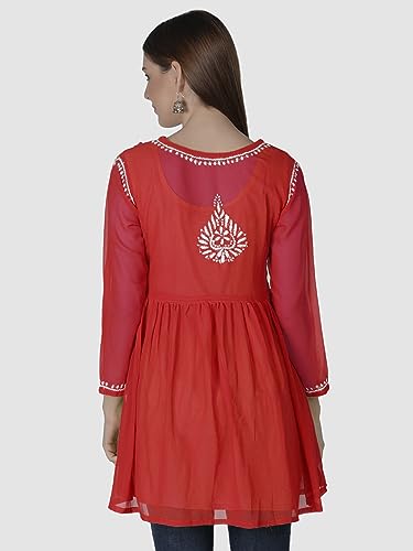 Seva Chikan Hand Embroidered Lucknowi Chikankari Red Georgette Women Short Top & Tunic with Inner Slip (Red)