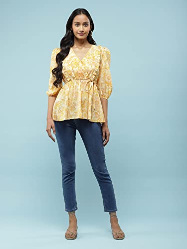 Aarke Ritu Kumar Yellow Floral Print Wrao Style Top