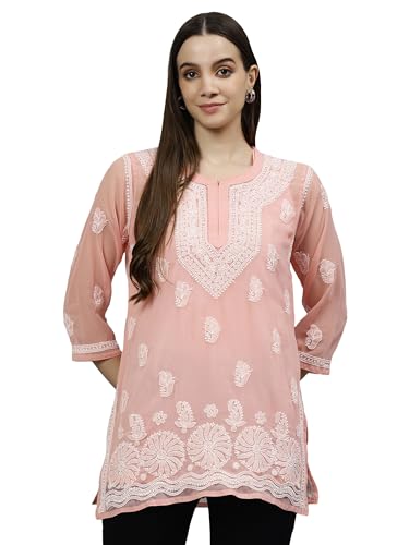 Seva Chikan Hand Embroidered Lucknowi Chikankari Peach Georgette Women's Short Top Tunic with Slip (Peach)