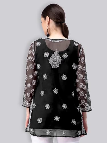 Seva Chikan Hand Embroidered Lucknowi Chikankari Black Georgette Short Top for Women with Cotton Slip (Black)