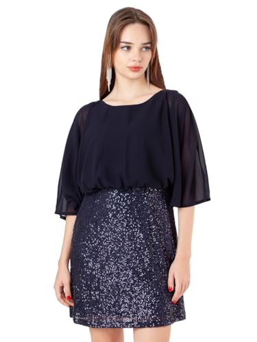 Zink London Women's Navy Blue Embellished Blouson Short Dress