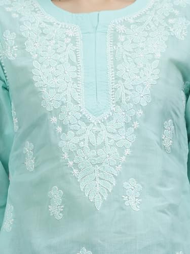 Seva Chikan Hand Embroidered Lucknowi Chikankari Sea Green Terivoil Cotton Women's Short Top Tunic (Sea Green)