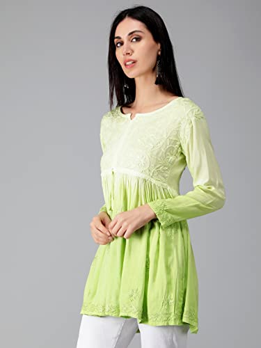 Seva Chikan Hand Embroidered Lucknowi Chikankari Lime Green Rayon Cotton Short A-line Top Tunic for Women (Lime Green)