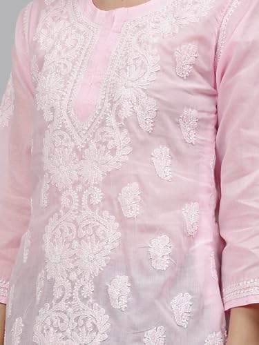 Seva Chikan Hand Embroidered Lucknowi Chikankari Pink Terivoil Cotton Women's Short Top Tunic (Pink)