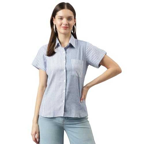 KERI PERRY Women's Blue Cotton Blend Stripe Straight Western Top | Winter Top | Western Top | Top for Women | Latest Women Top | Trendy Women Top