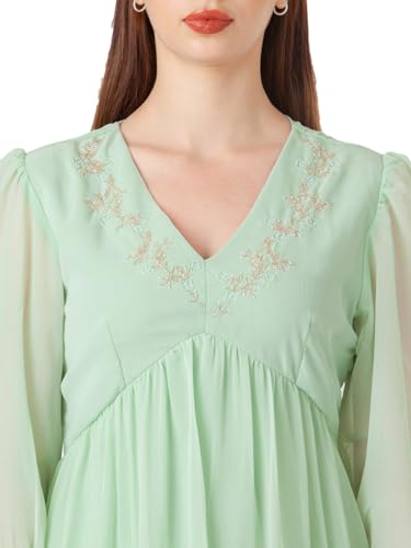 Zink London Women's Green Embroidered Flared Midi Dress