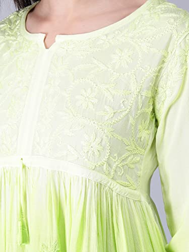 Seva Chikan Hand Embroidered Lucknowi Chikankari Lime Green Rayon Cotton Short A-line Top Tunic for Women (Lime Green)