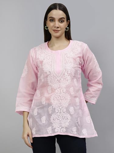 Seva Chikan Hand Embroidered Lucknowi Chikankari Pink Terivoil Cotton Women's Short Top Tunic (Pink)