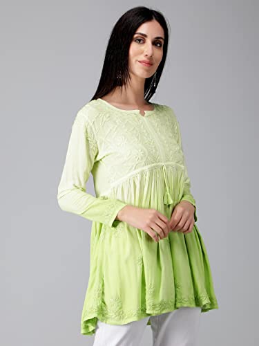 Seva Chikan Hand Embroidered Lucknowi Chikankari Lime Green Rayon Cotton Short A-line Top Tunic for Women (Lime Green)