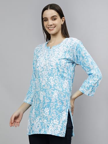 Seva Chikan Hand Embroidered Lucknowi Chikankari Blue Cotton Women's Printed Short Top Tunic (Blue)