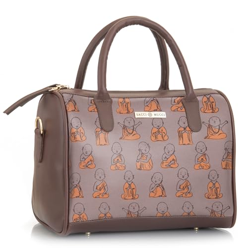 SACCI MUCCI Women's Handbag | Women's Tote Bag | Women's Top-Handle Bags | Women's Satchels | Women's Hobos & Shoulder Bags- Cute Monk Design Print (Brown)