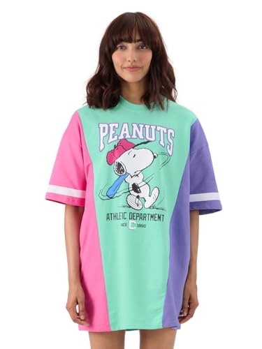 The Souled Store Official Peanuts: Athletic Department Women and Girls Short Sleeve Round Neck Multicolor Graphic Printed Oversized T-Shirt Dresses Old Retro Cartoon 90s Animated Character Themed