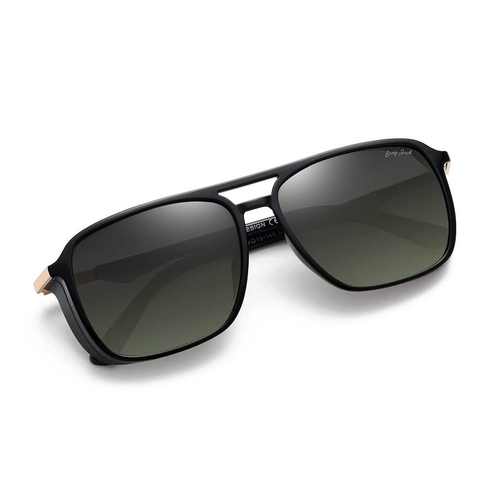 grey jack Rectangle UV400 Protected Polarized Sunglasses for Men Women Shine Black Gold Frame Double Green Lens