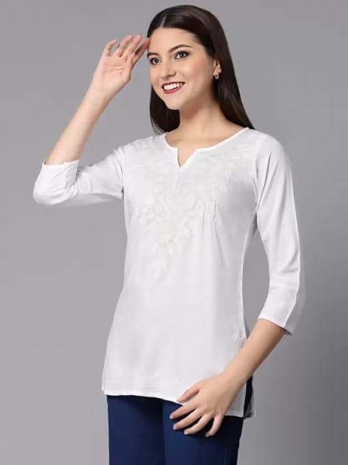 Cigain Hand Embroidered Summer Fashion Chikankari White Cotton Short Top Tunic Kurti for Women & Girl's