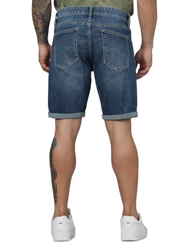 Celio Men Blue Solid Slim Fit Cotton Twill Denim Casual Shorts (Dark Blue)