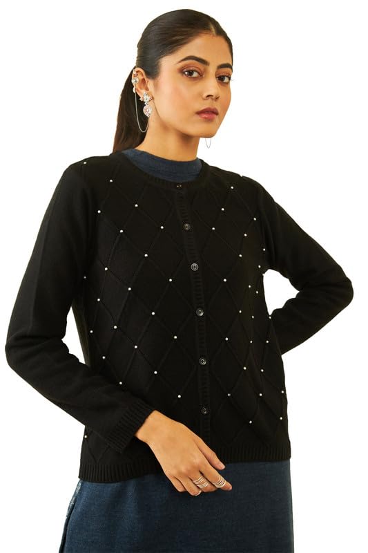 Soch Womens Black Acrylic Woven Design Cardigan with Beads