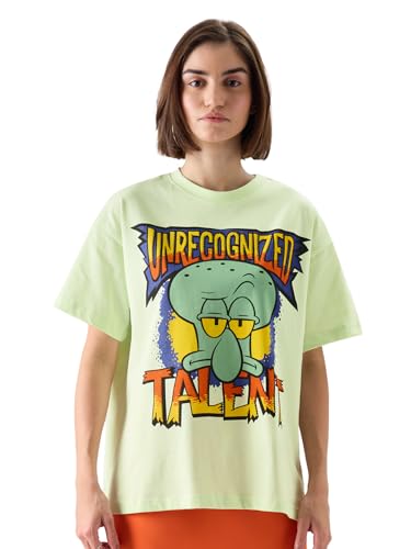 The Souled Store Official Spongebob: Unrecognised Talent Women and Girls Oversize Fit Half Sleeves Graphic Printed Cotton Green Color T-Shirt