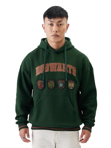 The Souled Store Harry Potter: The Houses Men Oversized Hoodies Dark Green Hoodies Sweatshirts Pullovers Fleece Zip-up Graphic Printed Solid Color Block Hooded Warm Cozy Casual Sportswear
