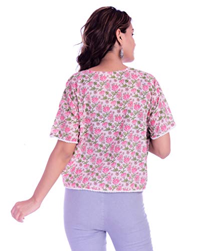 Ravaiyaa - Attitude is everything Cotton Floral Printed Short Shirt Top Women's Loose Crop Top Blouse (Pink)