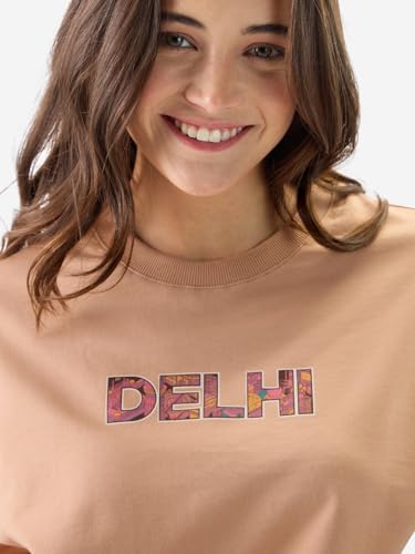 The Souled Store Delhi Women and Girls Round Neck Short Sleeve Pink Graphic Print Oversized Fit T-Shirts