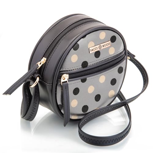 SACCI MUCCI Round Round Sling Bag, Printed Sling Bag For Girls, Crossbody Bag For Women, gifts for women, Shoulder Bag with Strap - Cute Polka (Black)