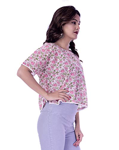 Ravaiyaa - Attitude is everything Cotton Floral Printed Short Shirt Top Women's Loose Crop Top Blouse (Pink)